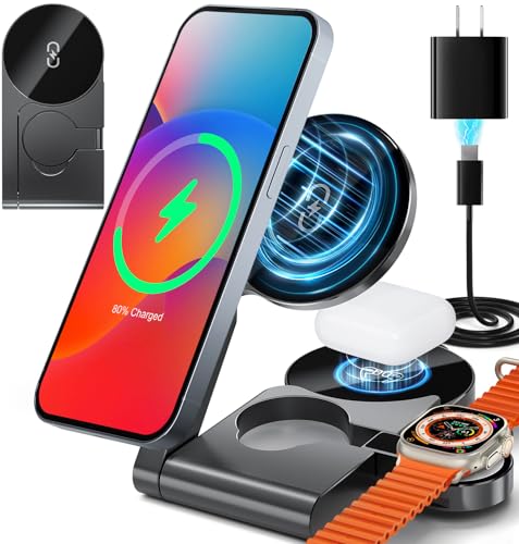 Upgraded Foldable 15W Magnetic 3 in 1 Charging Station for Apple Devices MagSafe-Compatible Wireless Charger Stand for iPhone 16/15/14/13/12 Series, AirPods, Apple Watch (USB-C Charger Included)