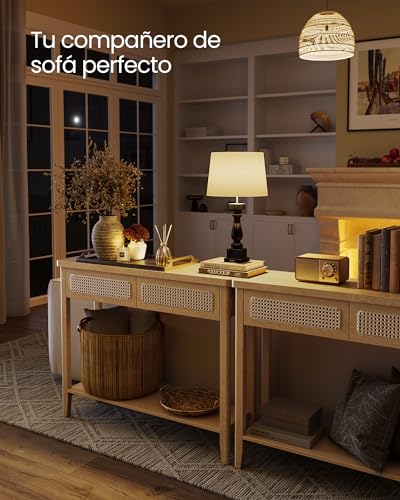 Mesa de consola para recibidor con 2 cajones mueble de entrada estrecho beige roble VASAGLE 5