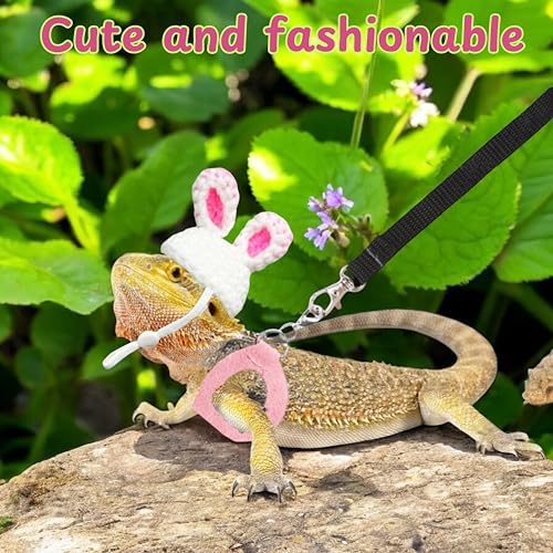 Image of Bearded Dragon Harness and Leash with Bunny Ears Set, Bearded Dragon Hats, Reptile Leash and Cute Hat, Costume Small Reptile Supplies for Gecko Squirrel (Pink Bunny)