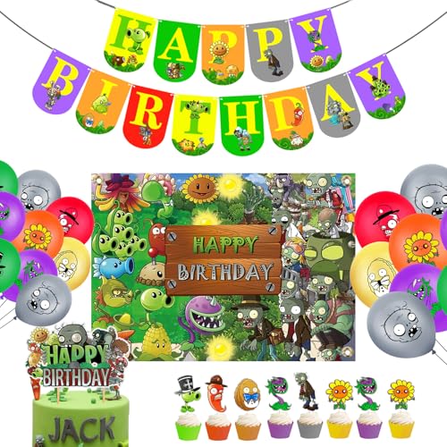 Plants Game Theme Birthday Party Supplies Decoration Kit with Happy Birthday Zombies Banners Cake-Cupcake Topper Balloons for Kids Boys Game Players PVZ Party Decor