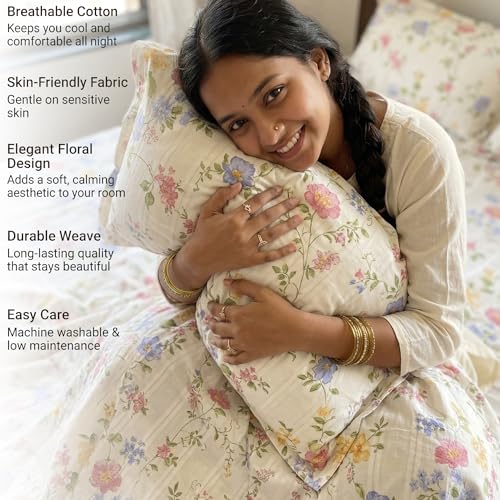 Image of BSB HOME Cloud Cotton King Size bedsheet | Flatsheet Summer Sheet with Two Pillow Covers | Super Soft Bed Sheet for King Size Bed Durable| Floral Design (270 x 250 cm, Off White & Vintage Blue)