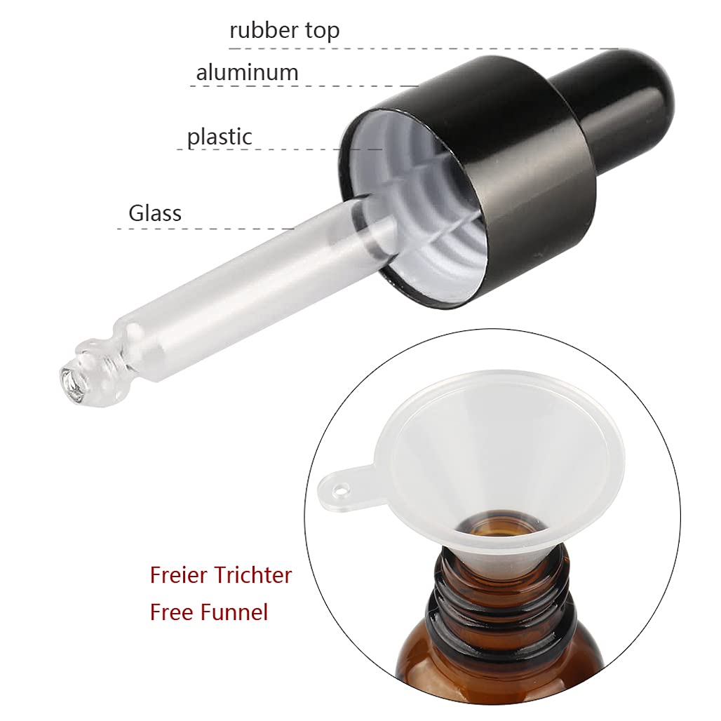 24 Pieza, Vacío 50ml Marrón Ámbar Botellas de Botellas de Cuentagotas Cristal, con anillo de negro y pipeta, para Aceite Esencial, Masaje,Fragancia, Aromaterapia, Laboratorio