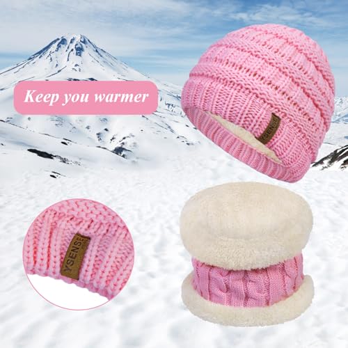 YSense 3 Pcs Kids Winter Beanie Hat Scarf Gloves Set Thick Knit Warm Fleece Fuzzy Lined Beanie Caps Mittens for Boys Girls 6