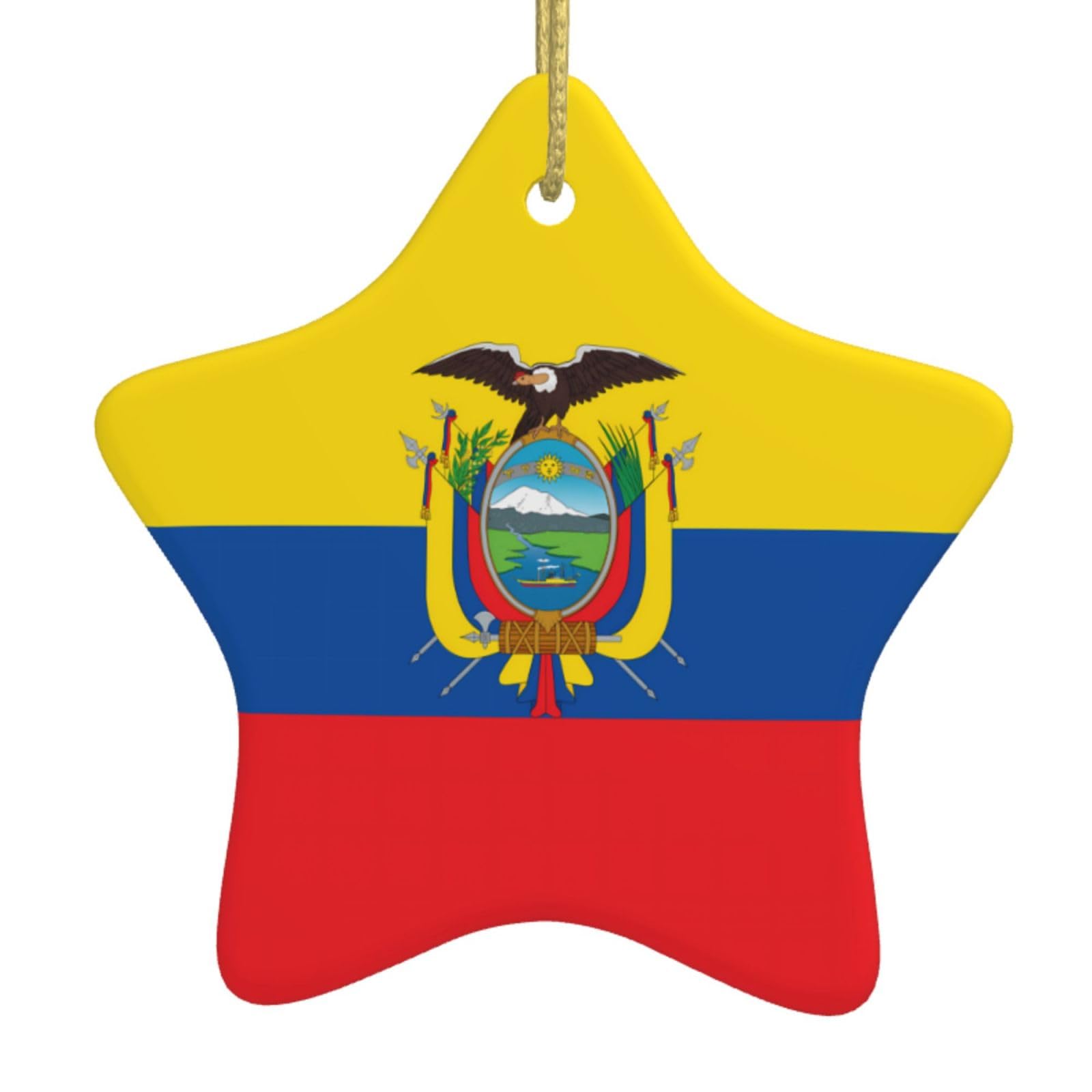 Flag of Ecuador Christmas Ceramic Star Pendant with Punched Holes and Gold Wire Rope, Christmas Tree Home Decoration