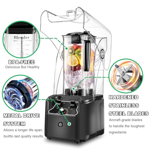 Image of Commercial Blender for Smoothies, 2.5HP Motor, Stainless Steel Blade, 80oz Pitcher for Shakes, Smoothies, Ice Crushing, Frozen Drinks, 15 Speeds, Self-Cleaning, Grey