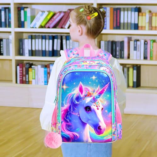 Image of AGSDON 3PCS Backpacks for Girls, 16 inch Kids Unicorn Elementary Backpack with lunch box, Water Resistant Prechool Bookbag for Girl