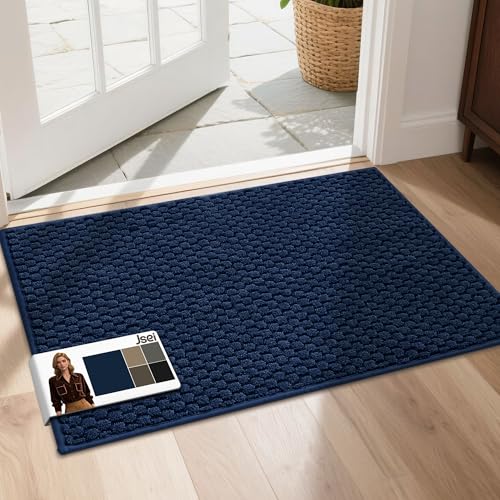 JSEI Dirt Trapper Door Mat 20"x32", Non-Slip Entryway Rugs Doormat Indoor, Washable Absorbent and Stain Resist Welcome Floor Mat for Front Door, Dog Door Mat, Muddy Wet Shoes & Paws, Blue 20