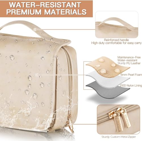 Elviros Hanging Travel Toiletry Bag for Women, 3-in-1 Large Makeup Bag and Cosmetic Organizer, Vegan Leather Waterproof Skincare Case for Travel Size Toiletries and Accessories