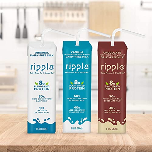 Ripple Non-Dairy Milk, Variety Pack | Vegan Milk With 8G Pea Protein | Shelf Stable Single Serve Cartons | On-The-Go | Non-Gmo, Plant Based, Gluten Free | 8 Oz, 12 Pack #TOP5