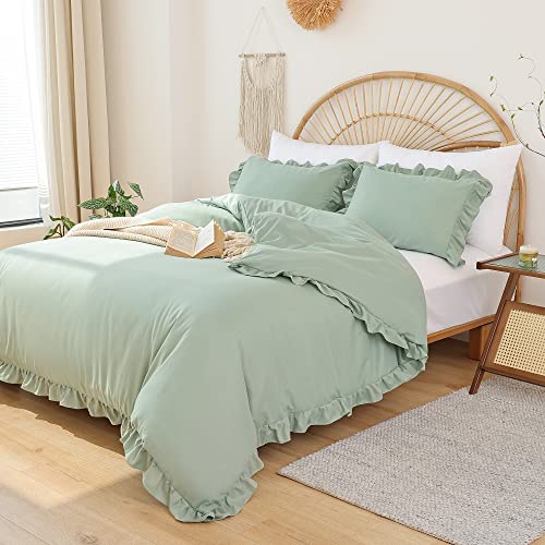 Janzaa Queen Comforter Set Sage Green 3Pcs（1 Ruffled Comforter Set And 2 Pillowcases） Vintage Farmhouse Shabby Chic Bedding Soft Fluffy Comforter Set All Season #TOP3