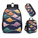 Oriental Auspicious Clouds 17 Inch Laptop Backpack 3 Piece Set, Artistic Blue Gold Travel Kit with Lunch Bag & Pouch (01)