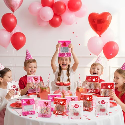 Pajean 56 Pack Valentines Day Gift Bags with Tin Tie Lock, Plastic Valentines Candy Goodies Bags Red Pink Heart Shaped Treat Favor Bag Cookies Packaging Bag for Wedding Holiday Party Gift Giving