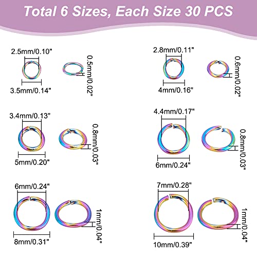 UNICRAFTALE 180Pcs 6 Sizes Rainbow Color 304 Stainless Steel Open Jump Rings Round Ring Inner Diameter 2.5~7mm Open Jump Rings Metal Rings for Bracelet Necklace Jewlery Making - Image 3