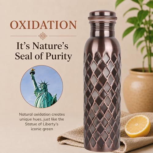 Image of Pure Copper Water Bottle, Copper Drinking Bottle Diamond Cut, 32 oz Antique | 100% Pure Copper, Antique Diamond Cut Finish, Leak-Proof Cap, Ayurvedic use, Includes Cleaning Brush