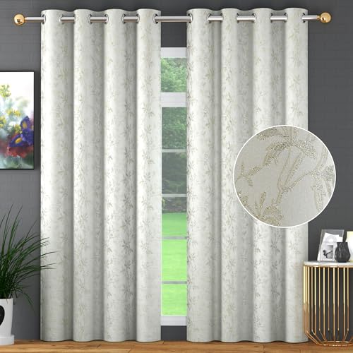 Image of FRESH FROM LOOM Heavy Jari Jacquard Premium Luxury Floral Eyelet Curtain 12 Feet Long Doors | Semi Blackout | Light Blocking 80% Light Control | Durable Material Parda (12ft, Cream, 2pc)