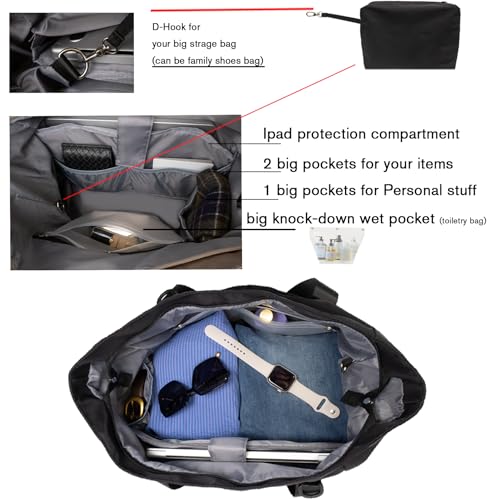Travel Duffle Bag,Weekender Bags for Women with Big Family Shoe Bag+Buckle Toiletry Wet bag+Laptop compartment,Expandable Capacity,Gym Duffel Bag,Overnight Bag,Hospital Bags (Black)3