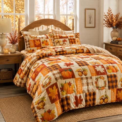 Fanfanwin 3pcs Fall Pumpkin Comforter Set Queen Size with Pillow Case Quilt
