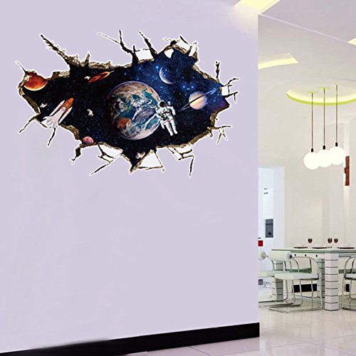 Large Blue Sky 3D Self-Adhesive Removable Break Through The Wall Vinyl Wall Sticker/Mural Art Decals Decorator (9066A Galaxy Astronaut (23.6" X 35.4"/ 60cm x 90cm))