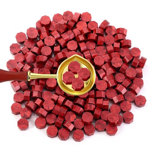 300 Stück Siegelwachs Perlen, Wachssiegel Stempel Set Inklusive Wachsstempel Ersatzgriff, Siegelwachs Rot, für Briefe, Umschläge, Hochzeitseinladungen, Karten, Geschenkverpackungen
