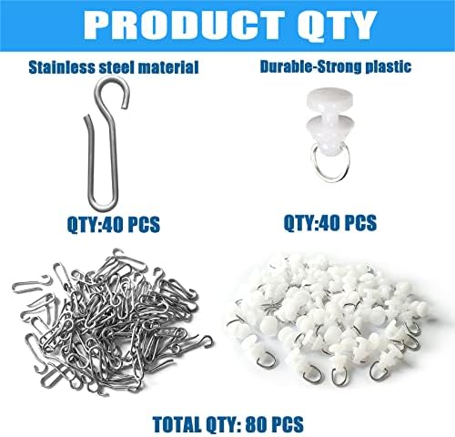 80 Pcs Curtain Hooks Curtain Track Glider Hooks Stainless Steel Shower Curtain Hooks S-Shaped Curtain Hooks with Bendable Curtain Track Pulley for Door Curtain Window Curtain Bathroom