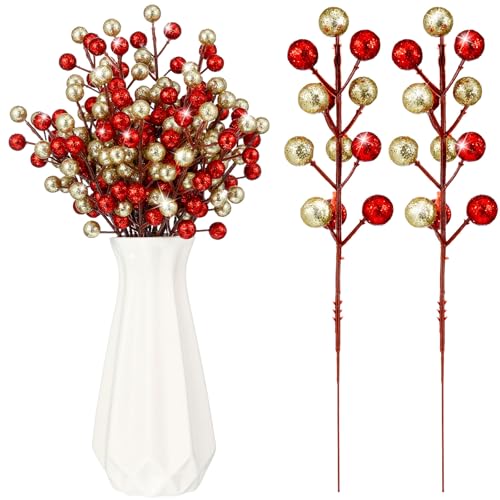 Thiccywoov 24 Pcs Christmas Glitter Berries Stems, 8.8" H Artificial Christmas Picks for Christmas Tree Ornaments, Holiday Wreath DIY Crafts, Xmas and Home Decor (Red, Gold)