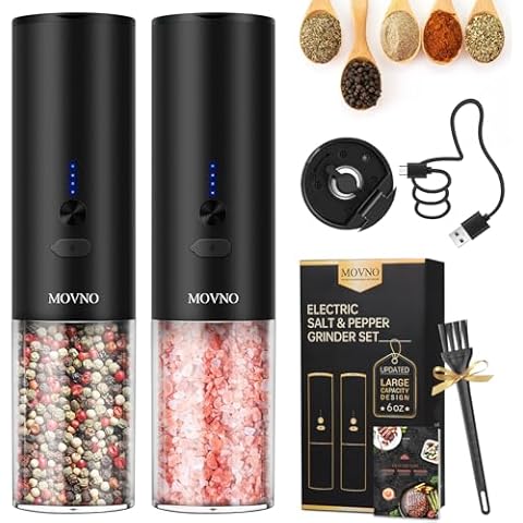 MOVNO Circuit Protection Electric Salt and Pepper Grinder Set With USB Rechargeable Adjustable Coarseness & LED Light, Large Capacity Automatic Electric Salt and Pepper Shakers Mill Set Refillable Cover