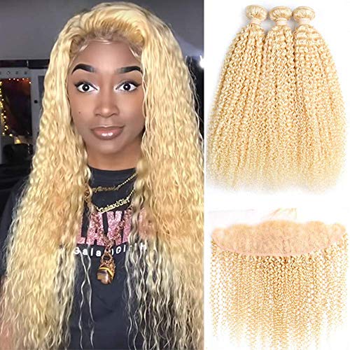 ALOT 613 Bundles with Frontal Blonde Curly Human Hair 3 Bundles and Lace Frontal Malaysian Kinky Curly Honey Blonde Hair Transparent Color Lace with Baby Hair Can Be Dyed (141618+12", Curly)