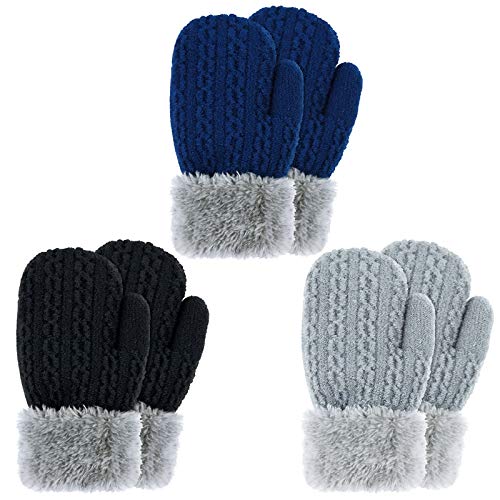 MENOLY 3 Pairs Toddler Magic Stretch Mittens Winter Warm Kids Knitted Gloves Cute Warm Fleece Lined Gloves for Little Girls Boys, 3 Colors
