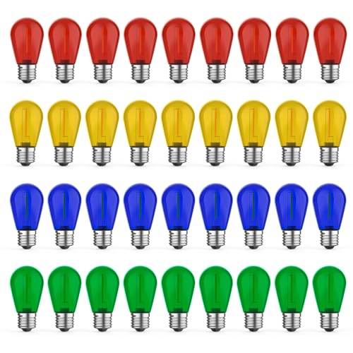 GvvooHome 36 Pack LED S14 Colored Light Bulbs for Outdoor String Lights, Shatterproof 1W Replacement Bulbs for Party Lights, 2200K Warm White, Dimmable, E26 Base, Multi-Color: Red/Green/Blue/Orange