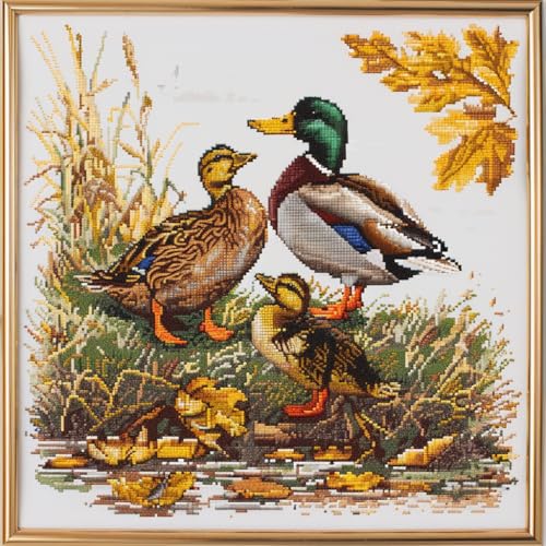 Image of Mallard Duck Family DIY 11CT Stamped Cross Stitch Kits for Beginners Easy Needlepoint Embroidery Counted Cross Stitch Art Craft for Wall Decoration 14x14inch(3)