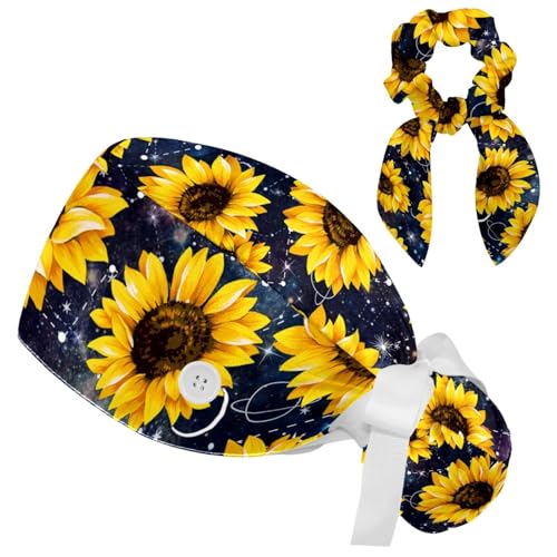 Image of Red Blooming Rose Flowers Black Working Cap with Scrunchy and Ribbon Tie for Women, Long Hair