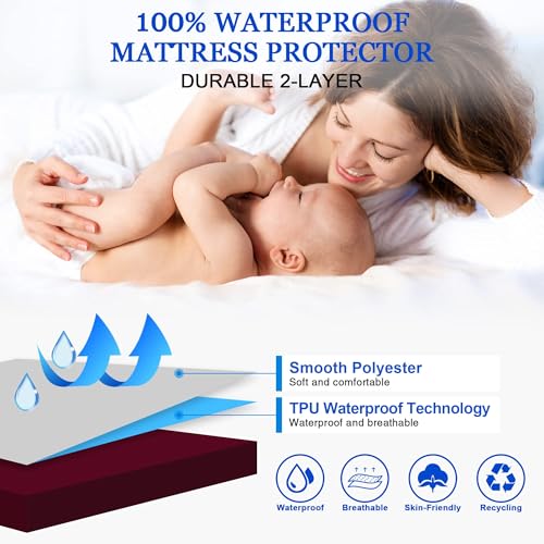 Image of 100% Waterproof Mattress Protector | Permium Cotton Mattress Skin Friendly Bed Cover | Breathable & Non-Allergenic Ultra Soft Elastic Fitted Bed Protector | 78x60 Inch, Queen, Maroon