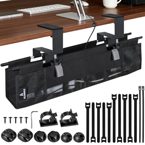 Under Desk Cable Organizer with Mesh Slot for Ventilation, Quick Mount with Clamp or Screws to Hold Fabric Cable Tray, Kit for Tidy Cord & Wire Management for Home Office Standing Desk