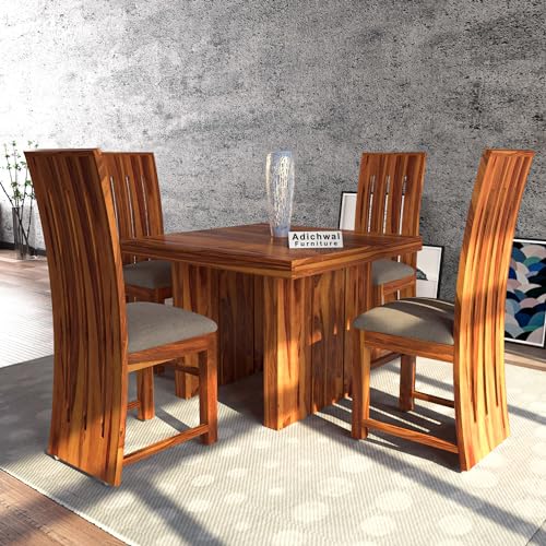 Image of Solid Sheesham Wood 4 Seater Dining Table Set with Cushioned Chairs for Dining Room | Living Room | Home & Office | Hotels Restaurant & Cafe (4 Seater, Honey H)