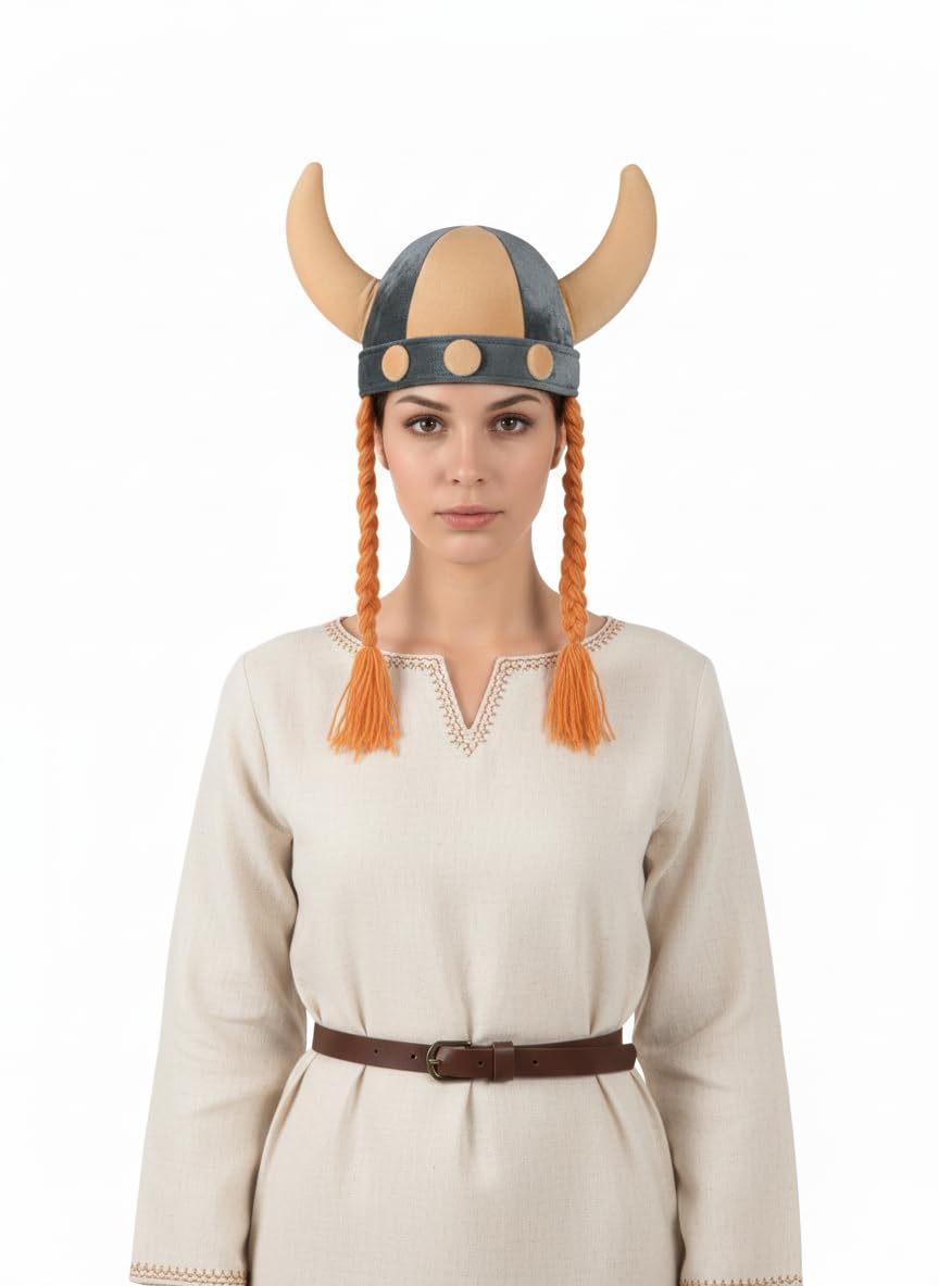 labreeze Soft Viking Helmet with Plaits for Adults, Norse Warrior Costume Accessory with Attached Braided Plaits