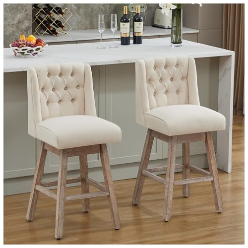 Image of 28.5 inch Swivel Bar Stools Set of 2, Counter Height Barstools with Back, Linen Fabric Upholstered Bar Stools, Modern Barstools Wood Legs for Kitchen Island Dining Room Bar