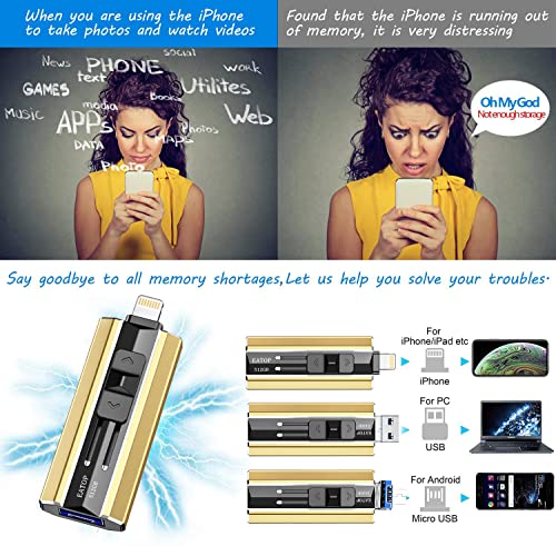 Image of EATOP USB Flash Drive 512GB iPhone Memory Stick Storage for Photos and Videos, iPhone Mobile Photo Stick Storage Flash Thumb Drive Compatible with iPhone iPad Android and Computers (Gold)