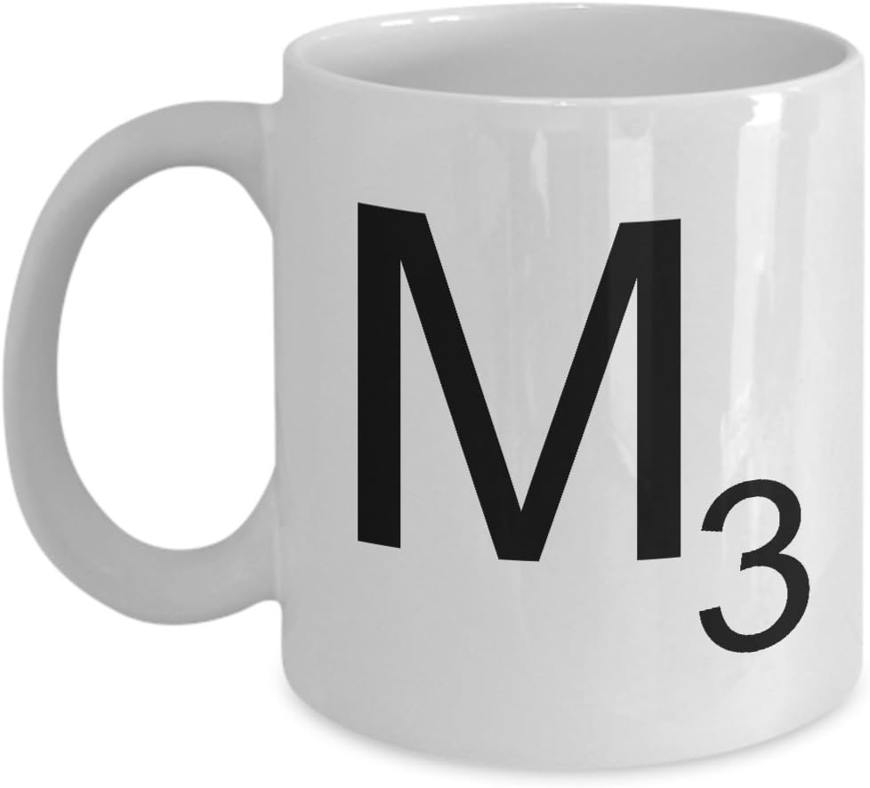 Scrabble Letter, M Scrabble Mug, Unique Novelty Gag Gift Idea for Friends, Men, Women, Him, Her, Colleague, Coworkers, Office Employee, Boss, Humorous Birthday Gift, Christmas, 11oz Coffee Tea Cup