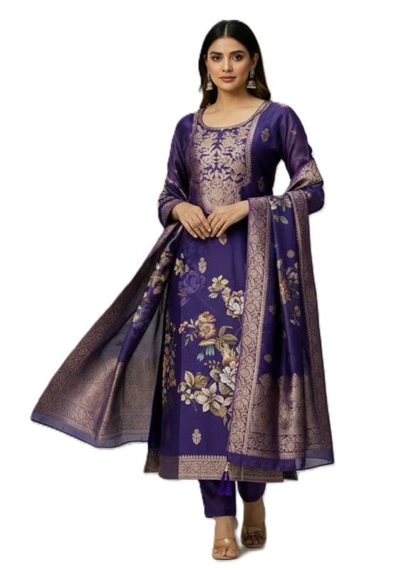 Traditional Women's Tissue Silk Unstitched Salwar Kameez Suit Material with Jacquard Floral Weaving, Bottom Fabric & Stylish Dupatta for Ethnic-image-12