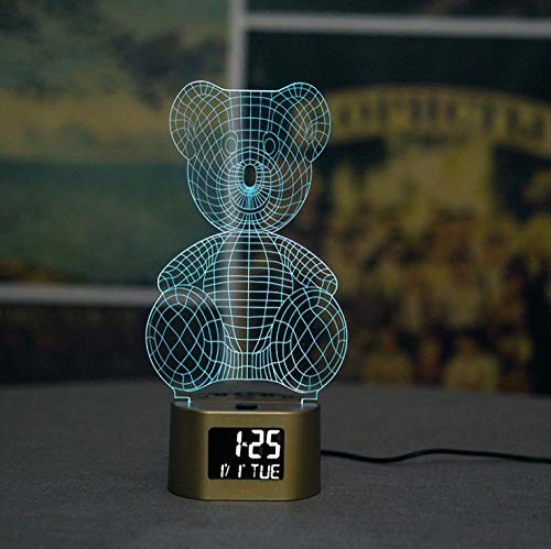 Kinder Digital Wecker, Reisewecker Mit Schlummerfunktion, Kein Ticken 7 Farben 3D-Illusionslichter Led Nachtlicht, Kinder-Bär