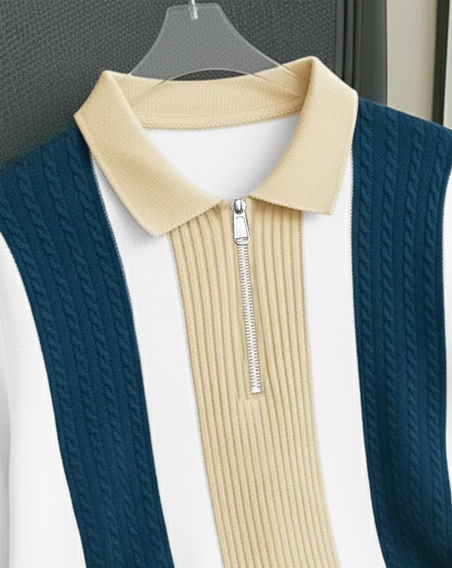 Image of AUSK Men's Retro Cable-Knit Quarter-Zip Polo | Premium Textured Self-Design Half Sleeve T-Shirt for Men