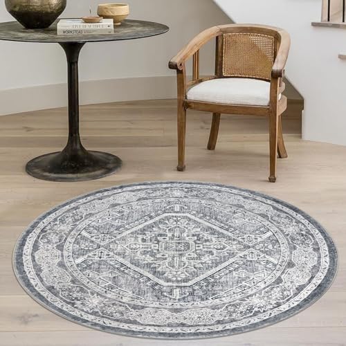 KUTA Oriental Round Rug 3ft, Grey Washable Boho Circle Indoor Area Rugs, Non-Slip Vintage Medallion Foyer Carpet for Entryway Farmhouse Kitchen Dining Room Table