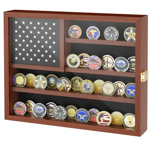 Image of Challenge Coin Display Case, Military Coin Holder Display with American Flag Design & Hidden Storage Compartment, Wooden Challenge Coin Wall Display for 46 Coins, Coin Holder for Collectors-Brown