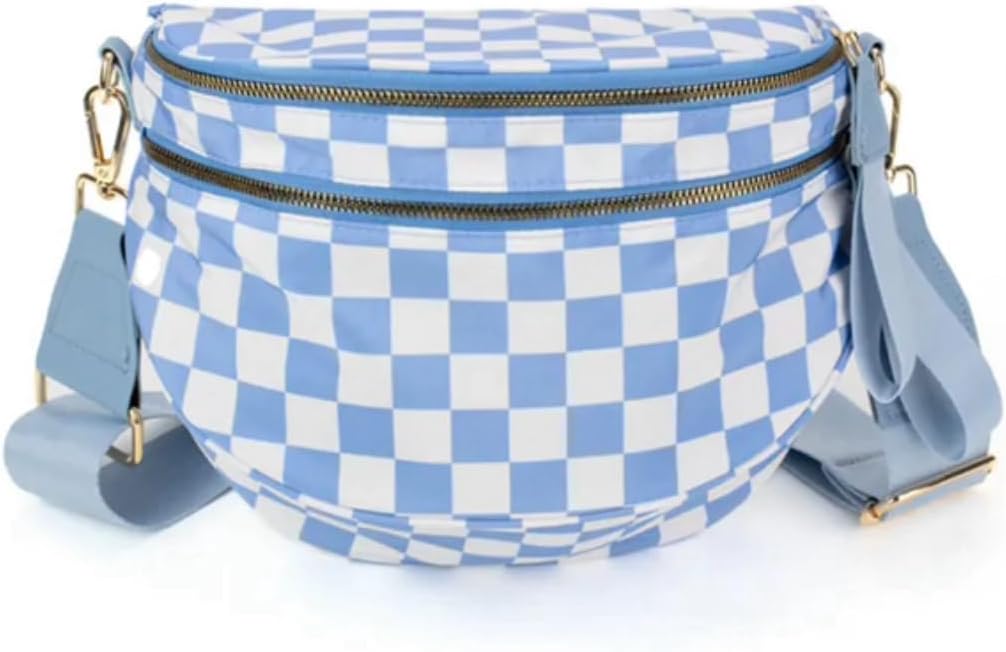 Black and White Checkered Crossbody Bum Bag, Spacious Design for Essentials Plus Size Friendly Strap 55"