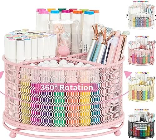 360-Degree Rotating Pencil Holder, Art Supply Storage Desk Organizers and Accessories, Pen Holder for Desk, Marker Organizer for School Office Supplies (pink)