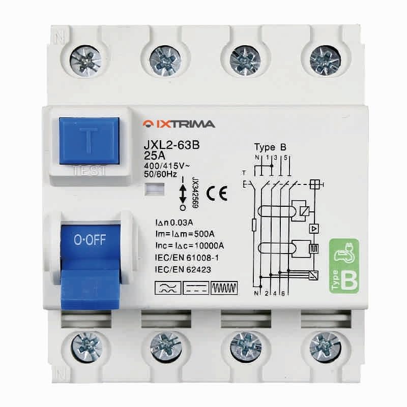 Interruttore Differenziale Puro Magnetotermico 4P 25A 30mA CURVA B 6KA AC/DC 380V 30mA CURVA B per Guida DIN - 4 Moduli DIN - Protezione Circuiti e Sicurezza Impianti