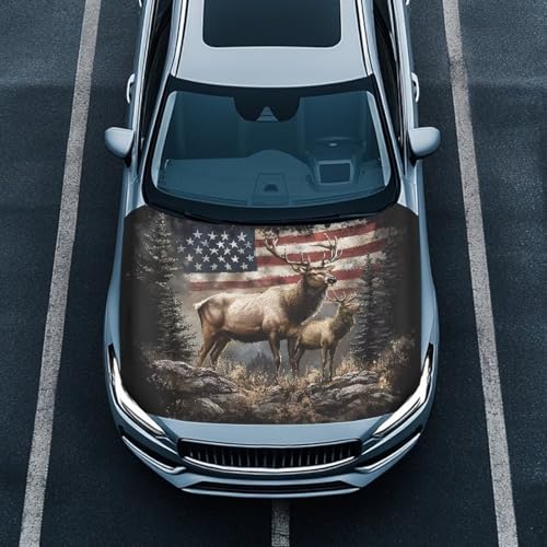 Image of Deer American Flag Hood Cover for Car SUV Sedan Truck, Waterproof Elastic Polyester Car Hood Protector, Patriotic Decorative Automotive Accessories for Summer