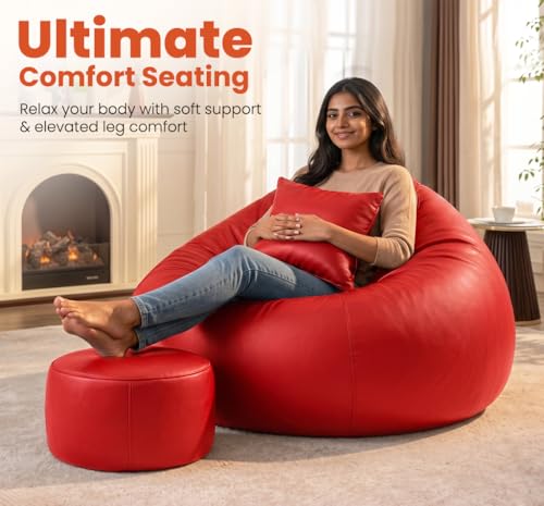 Image of Sattva Classic 2XL Sofa Style Bean Bag Chair with Beans Filled | Faux Leather Bin Bags Sofa Set with Footstool & Cushion for Adults | Beam Bag, Large Beanbags for Home & Office - Red