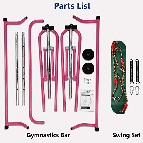 Gymnastics Bar for Kids with Swing Seat Set, Adjustable Height Folding Gymnastic Junior Training Bar Children Monkey Horizontal Bars - Max Load 170LBS(Pink)