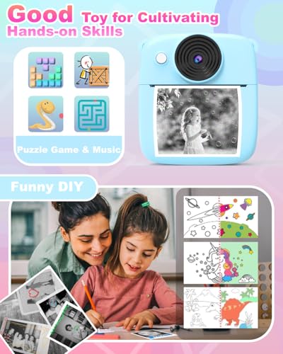 NUOTUN Sofortbildkamera Kinder, Kinder Kamera mit Fotos drucken, 2,0 Zoll HD Bildschirm, 8X Zoom, 1080P Digitalkamera mit Druckpapier & Karte, Kinderkamera Geschenk mädchen & Junge 3-12 Jahre (Blau)
